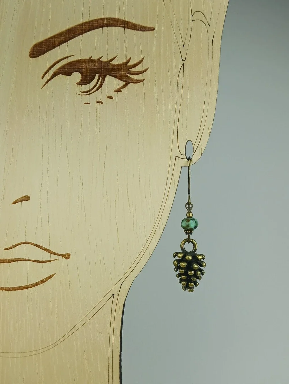 African Turquoise Jasper Pinecone Earrings Rustic Brass Woodland Hand Crafted